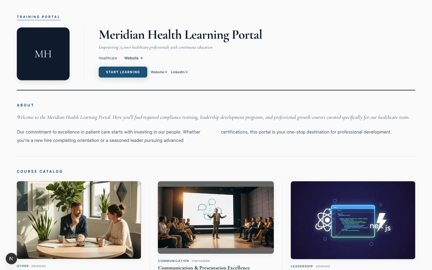 Meridian Health Learning Portal — branded organization portal with course catalog