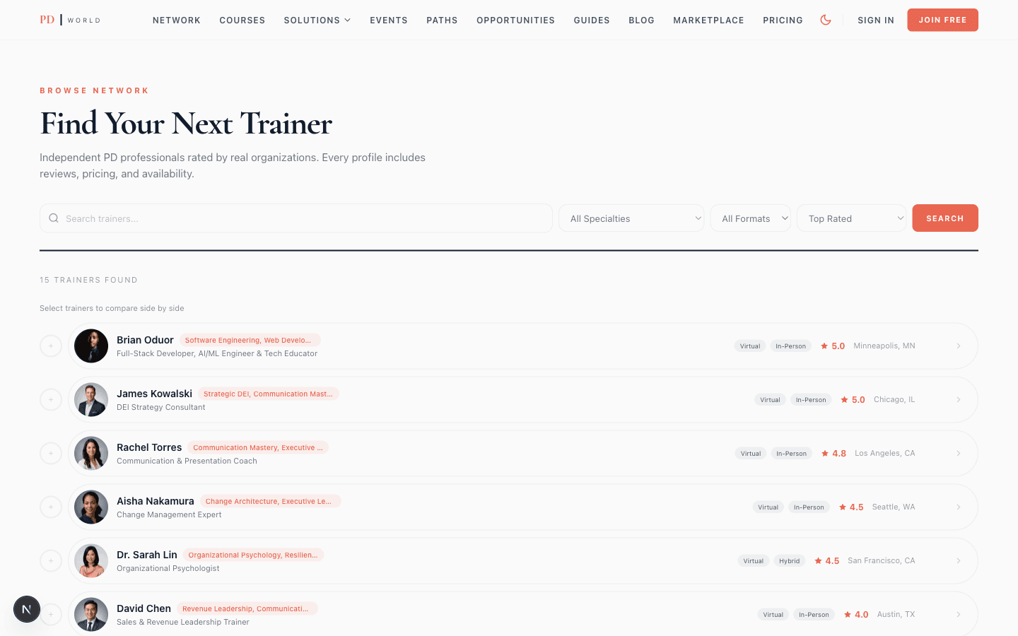 PD World trainer directory — search, filter, and compare expert trainers
