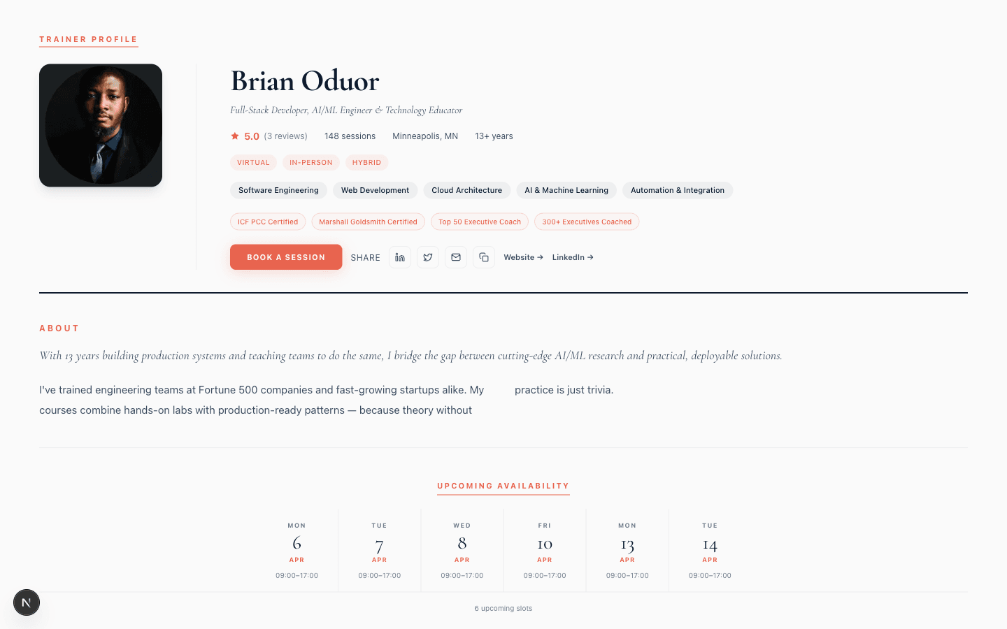 Trainer profile page โ professional storefront with courses, reviews, and booking